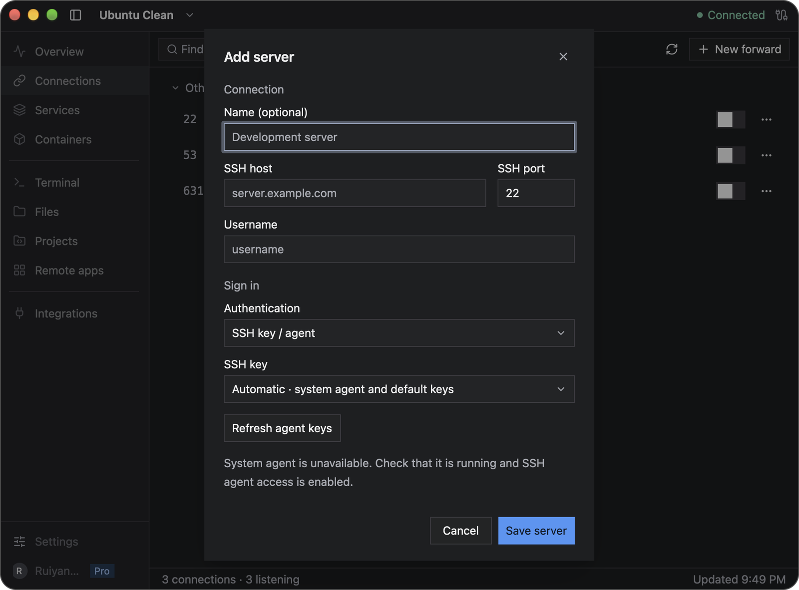 Add server dialog with host, username, authentication, SSH key, and Refresh agent keys controls