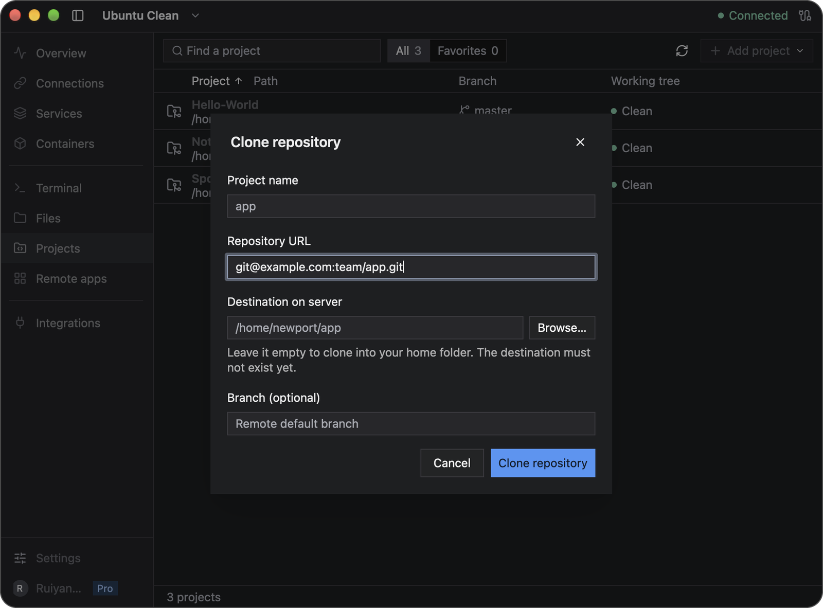 Clone repository dialog with git@example.com:team/app.git entered, suggesting the project name app and the destination /home/newport/app