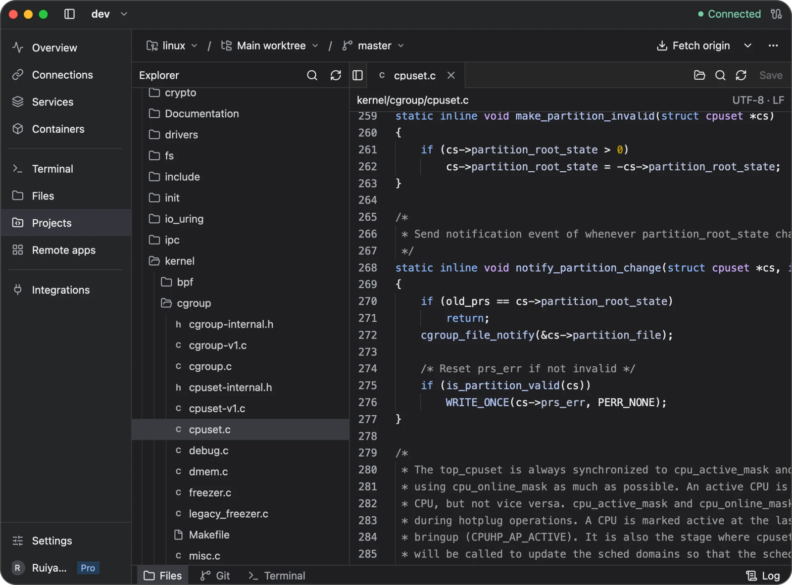 Project editor with the file tree on the left and kernel/cgroup/cpuset.c open with syntax highlighting