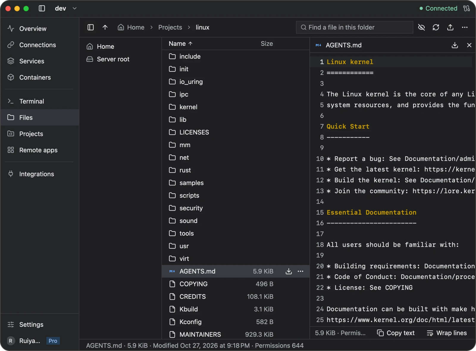 Files workspace browsing a Linux source checkout and previewing AGENTS.md beside the file list