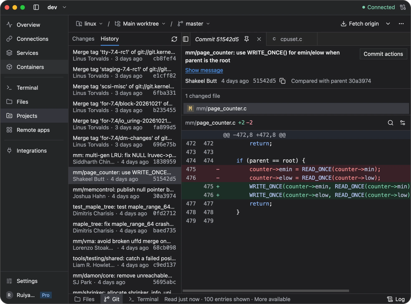 History listing recent commits, with one commit's changed file and diff on the right