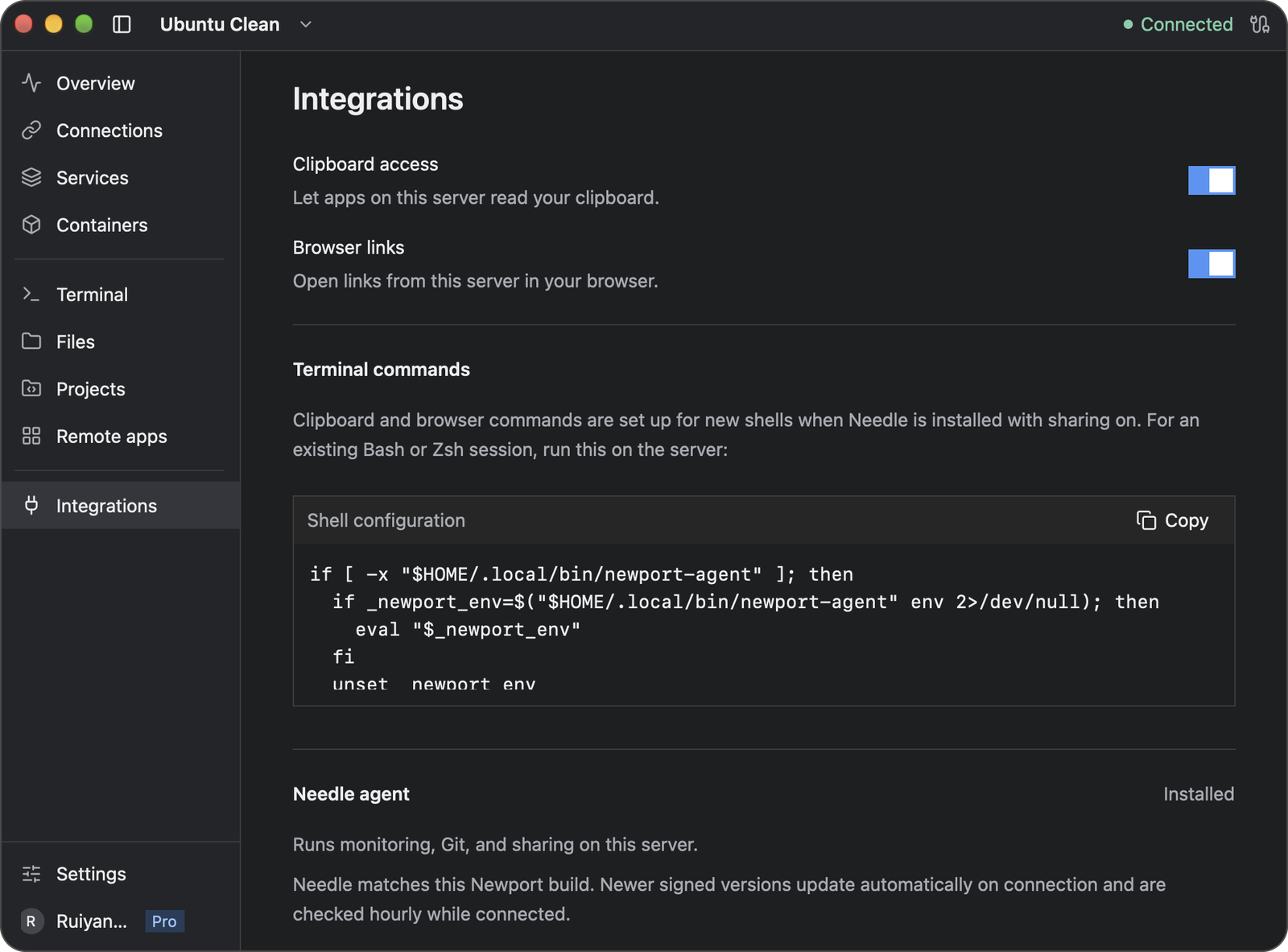 Integrations showing the separate Clipboard access and Browser links switches