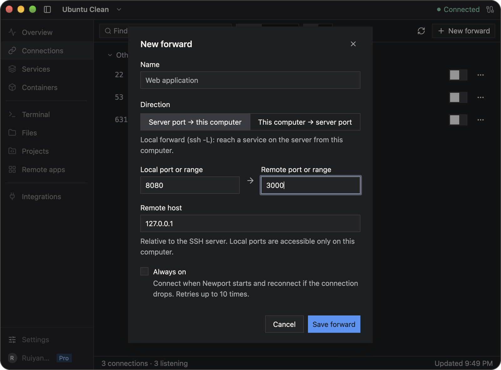New forward dialog mapping local port 8080 to server port 3000 at 127.0.0.1