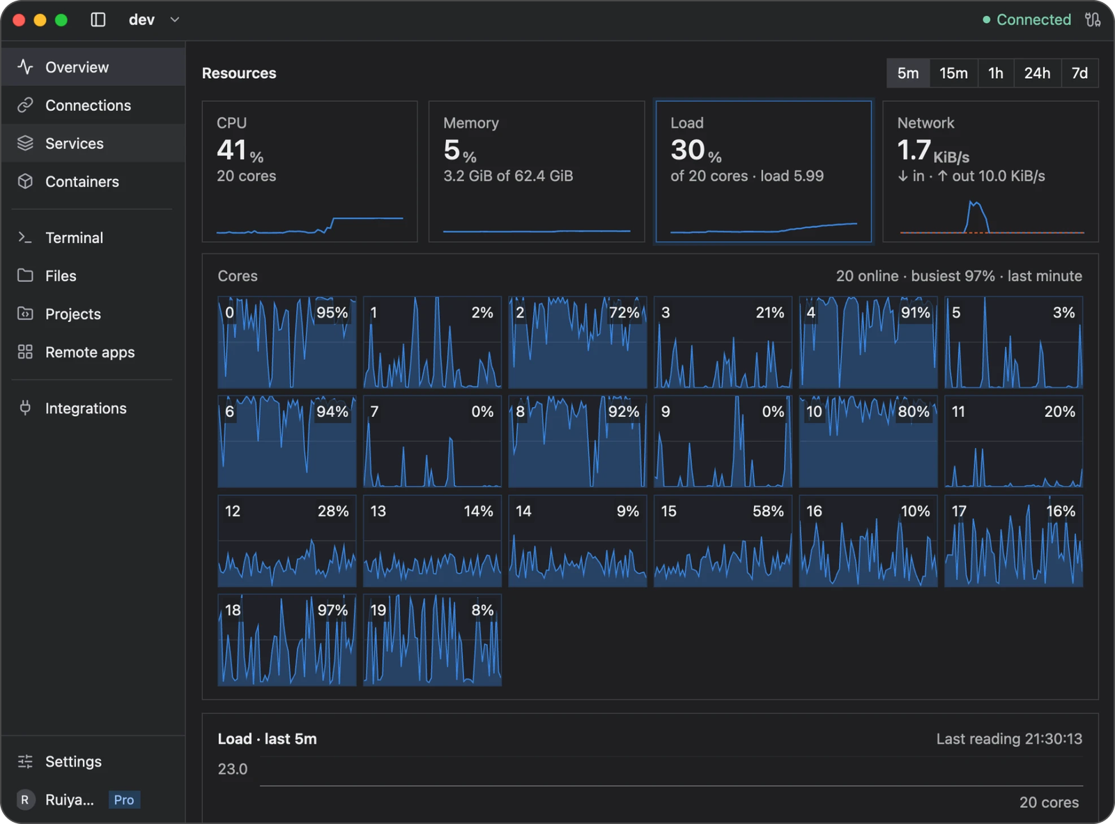 Newport workspace with the server sidebar, resource cards, and activity for each CPU core
