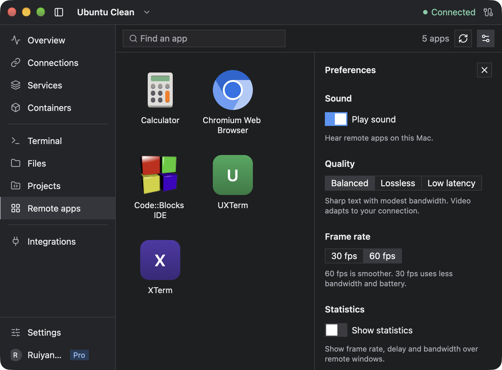Remote apps Preferences showing sound, quality, frame rate, and statistics