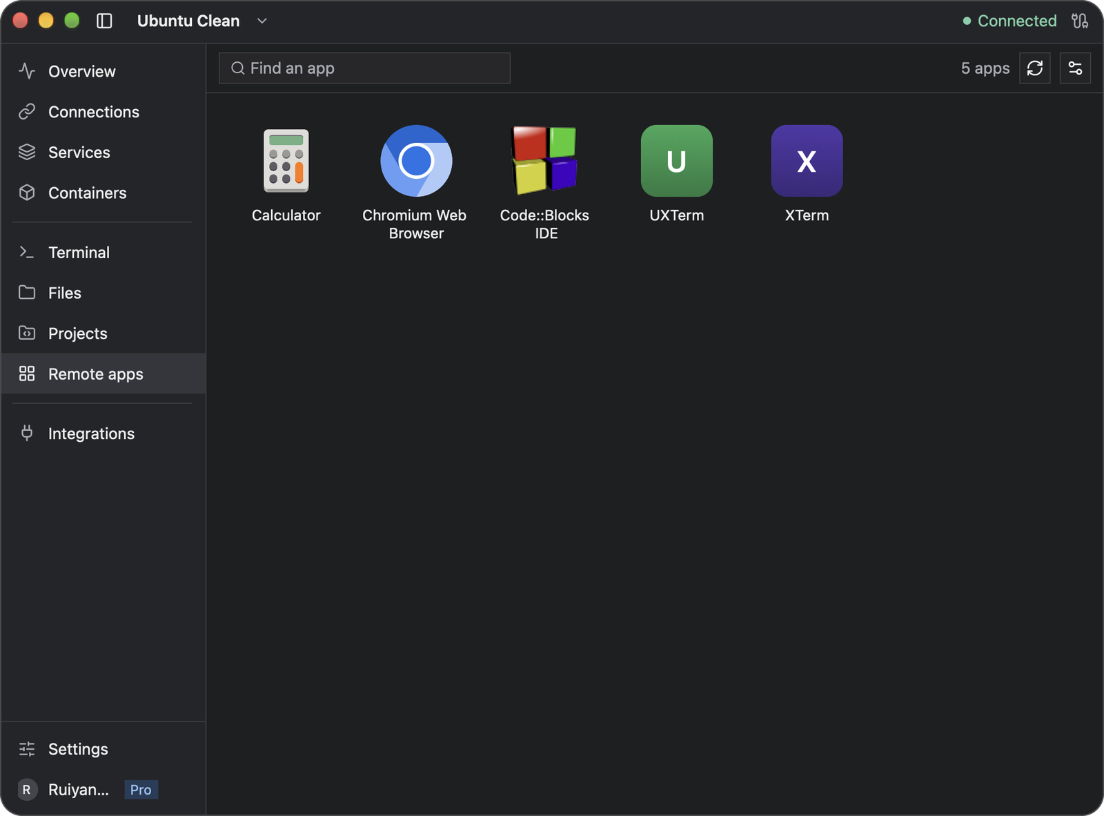 Remote apps listing the server's installed apps, with Find an app, Refresh, and Preferences in the toolbar