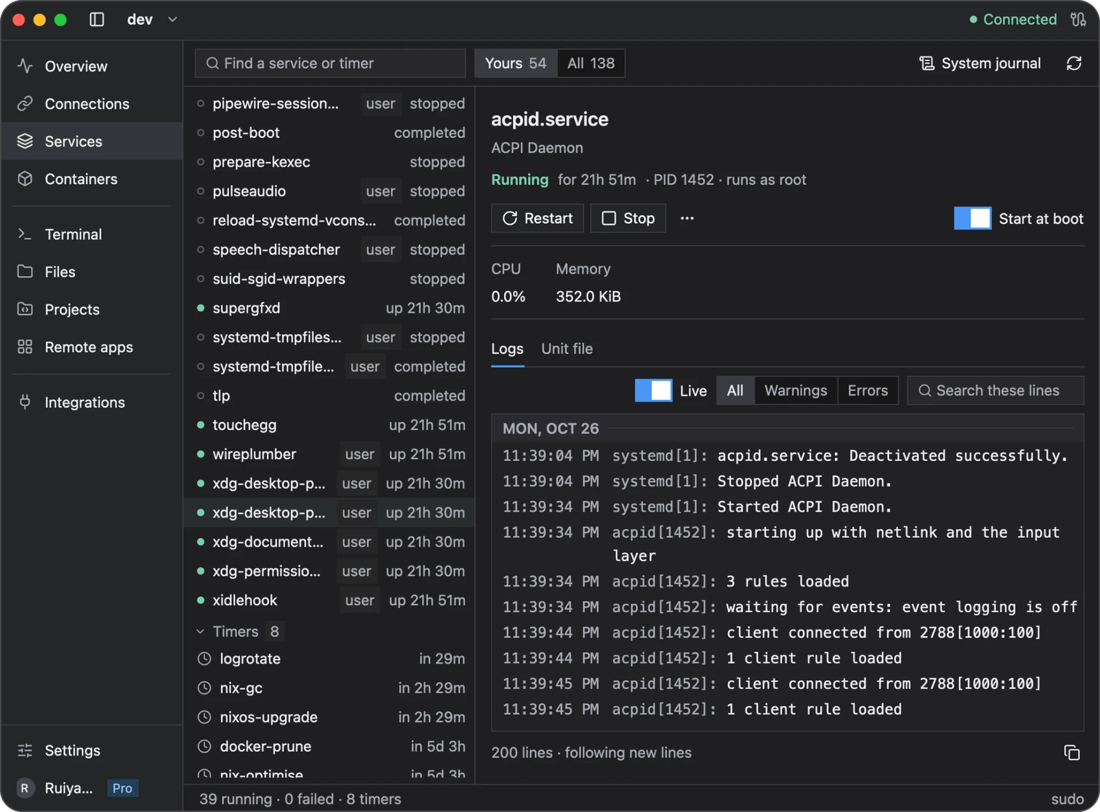 Services workspace with service list, running status, Restart and Stop buttons, and Logs and Unit file tabs